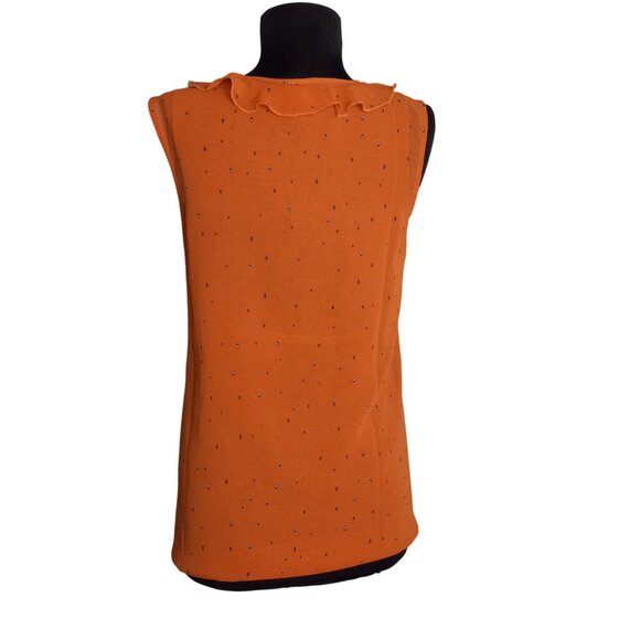 Cabi XS Tank Top Blouse Sleeveless Orange Sprinkle Polka Dot Ruffle Collar 3764 - Picture 3 of 9